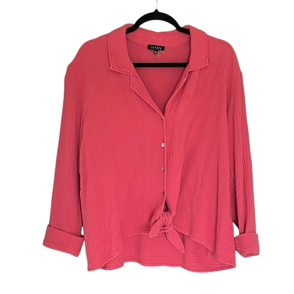 1 STATE Cotton Oversized Button Front Tie Waist Blouse Pink XL